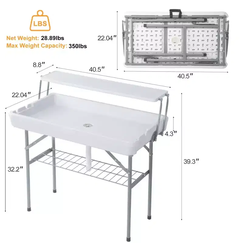 Folding Outdoor Ice Cooler Table with Drain & Storage Shelf, Portable Party Ice Serving Table with Skirt for Camping, Picnic & Events, White