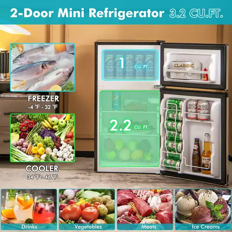 Costway 3.2 Cu.Ft Mini Refrigerator with Freezer Compact Fridge with 2 Reversible Door