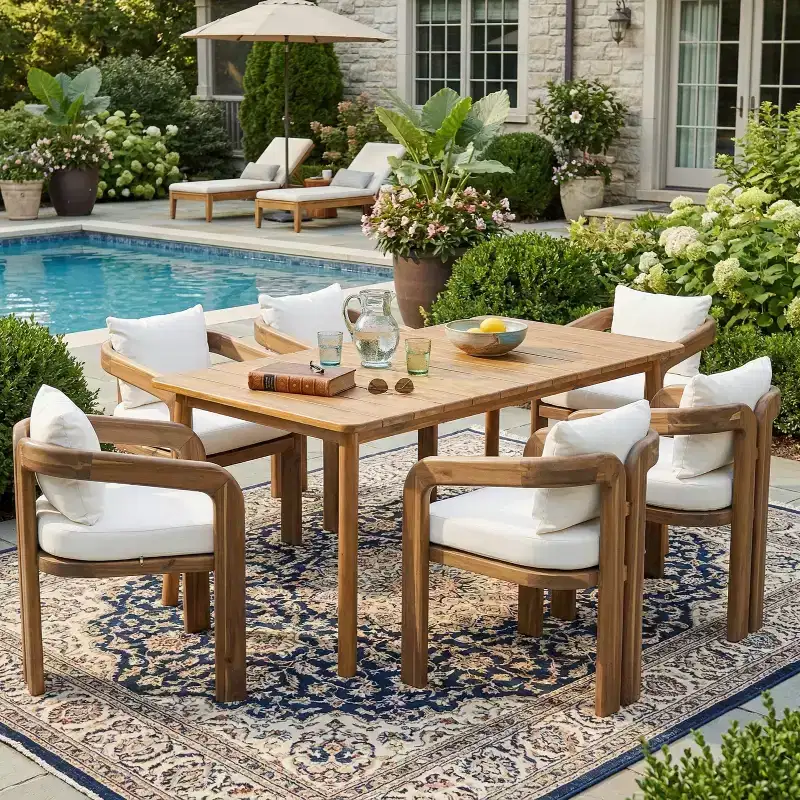 Christopher Knight Home Kesden 7 Piece Rustic Outdoor Acacia Wood Dining Set with Curved Backrest Chairs