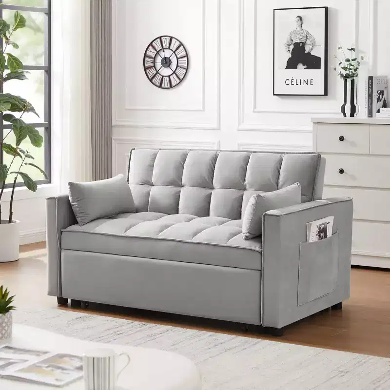 MAYEERTY Modern Velvet Loveseat Futon Sofa with Toss Pillows Pockets for Living Room Bedroom Small Space Gray