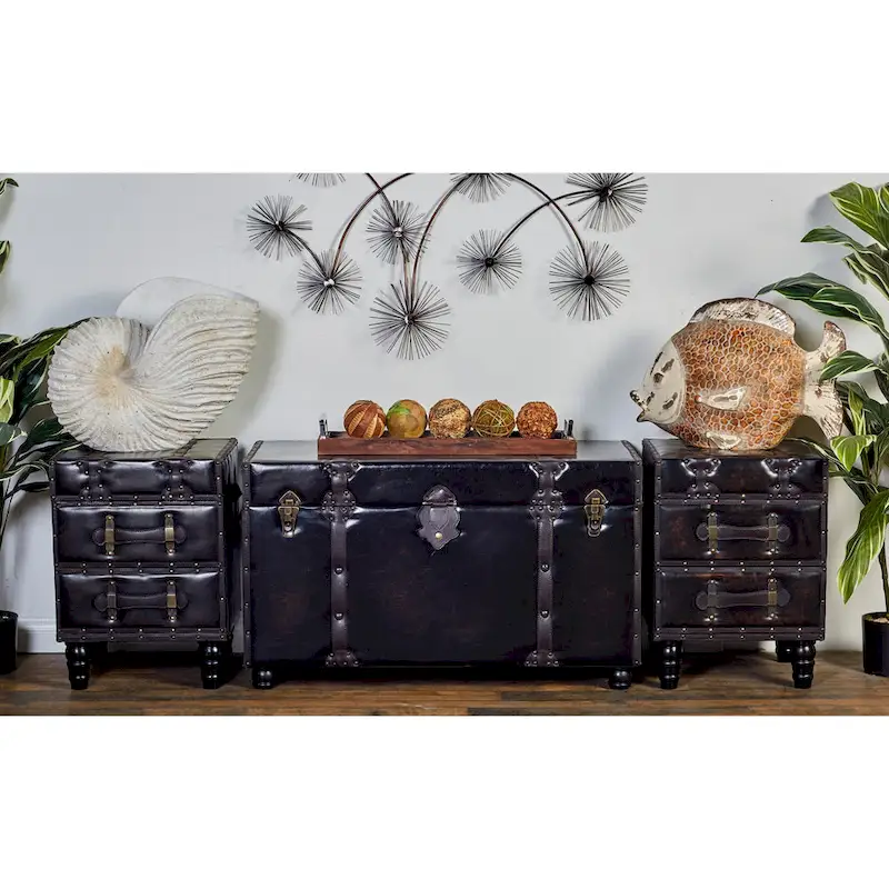 Wood Vintage Faux Leather 4 Drawer Bench with Faux Leather Straps and Studs - Set of 3 Brown - Roche River Decor