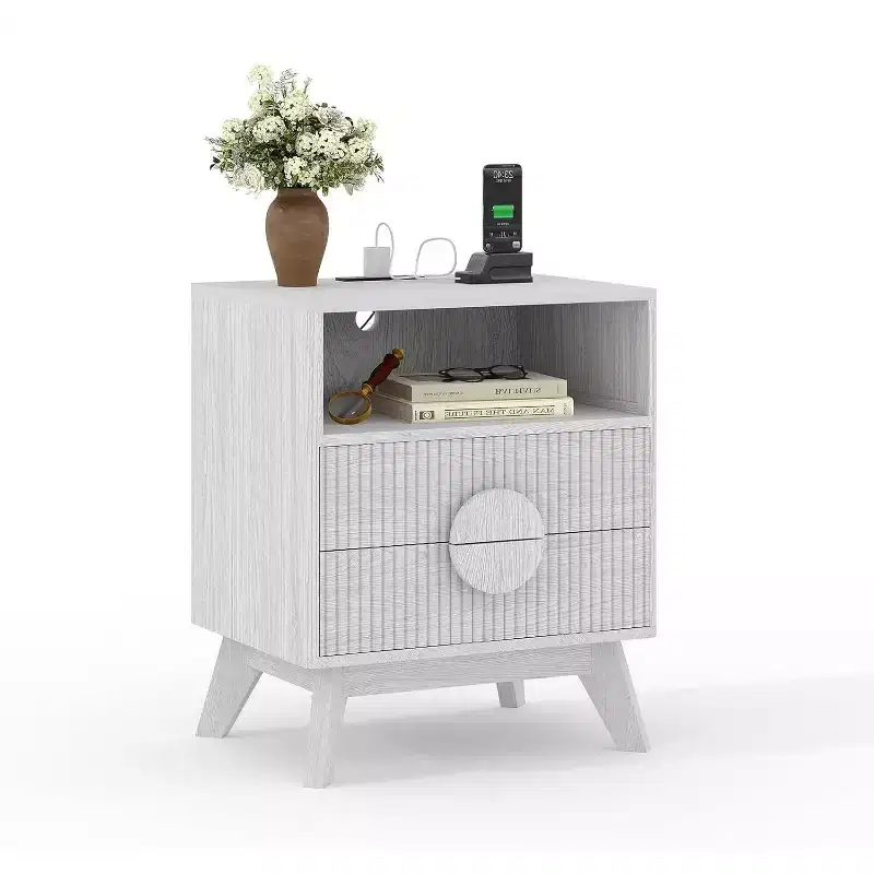 Modern Fluted Nightstand with Charging Station, Wood Bedside Table with Drawers & Storage Shelf for Living Room Bedroom