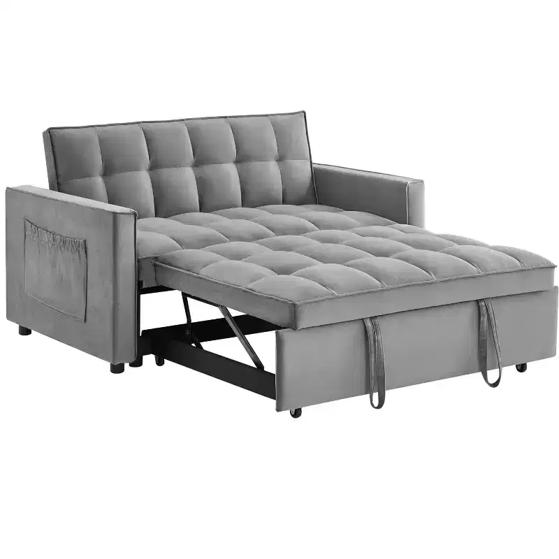 Pull Out Convertible Sofa Bed - Full Size Light Grey Velvet Tufted Sleeper, 3-Level Adjustable Backrest w/ 2 Pockets & 2 Pillows for Apartment