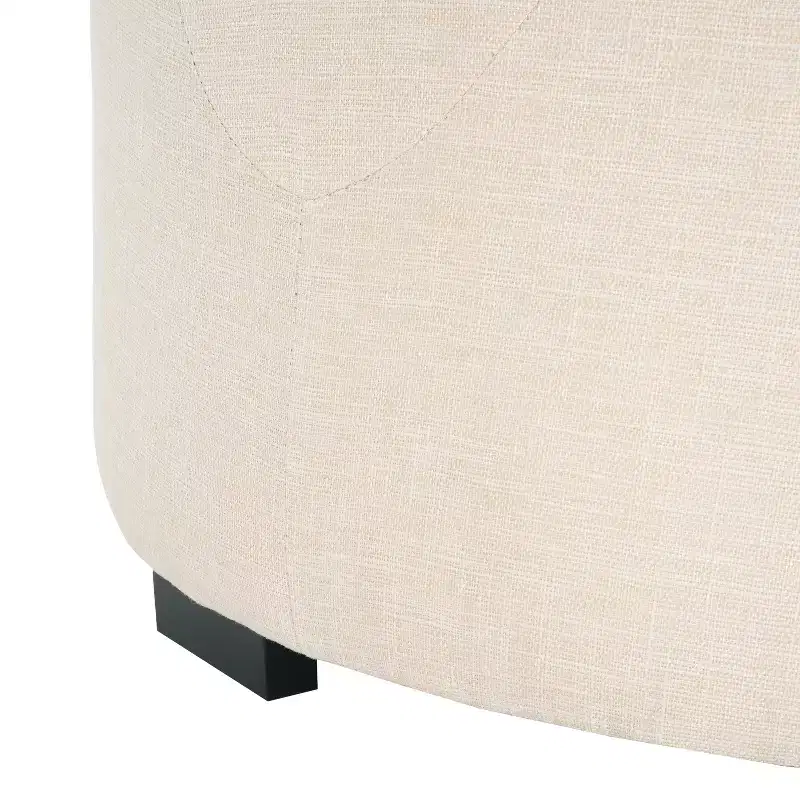 Round Button Tufted Ottoman, PU/Linen Upholstered Footstool with Birch Wood Legs