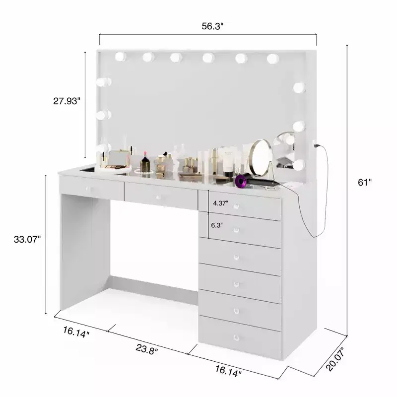 Hollywood Makeup Vanity Table, 12 LED Lights, 8 Drawers, USB Port, White, 61