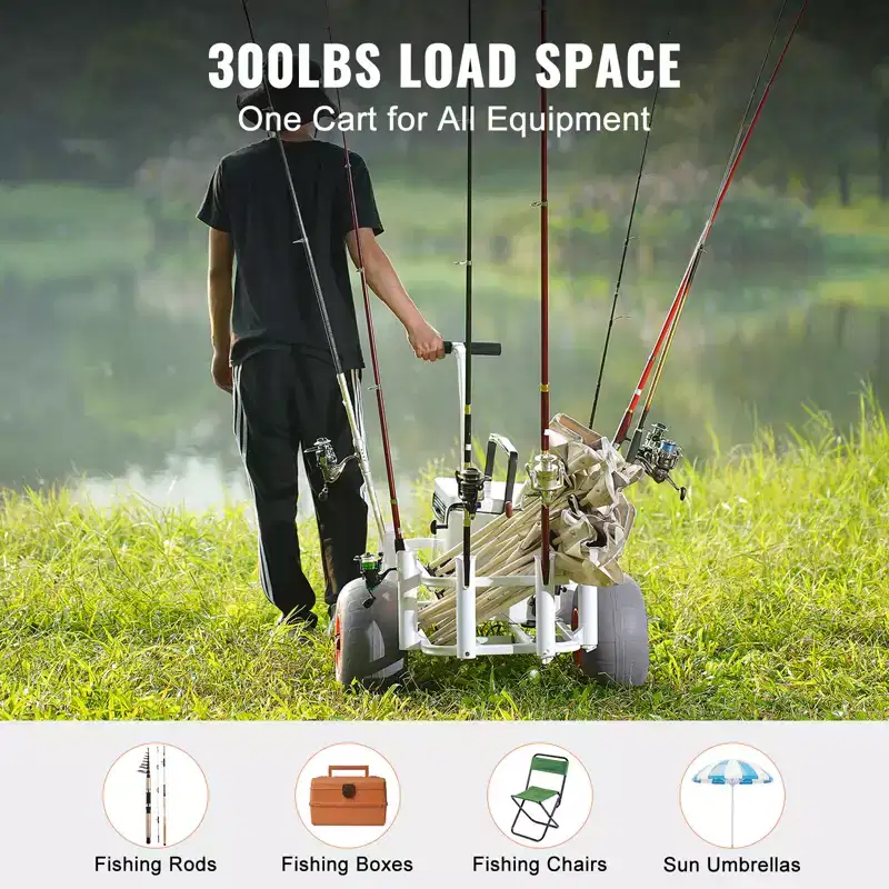 Beach Fishing Cart, 300 lbs Load Capacity, Heavy-Duty Aluminum Pier Wagon with 13