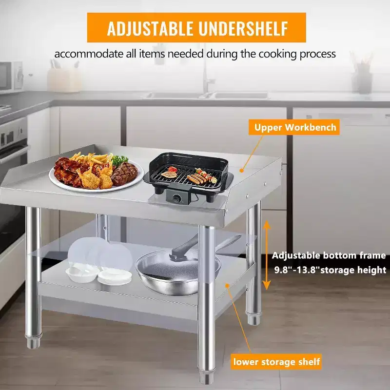 36x28x24 Stainless Steel Equipment Grill Stand Table,1000 lbs Top Shelf,220 lbs Bottom Shelf,Adjustable Legs,2 Edge Baffle
