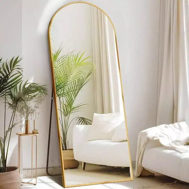64x21 Gold Arched Mirror with Aluminum Frame. A Full Length Standing or Leaning Mirror for Bedroom or Cloakroom