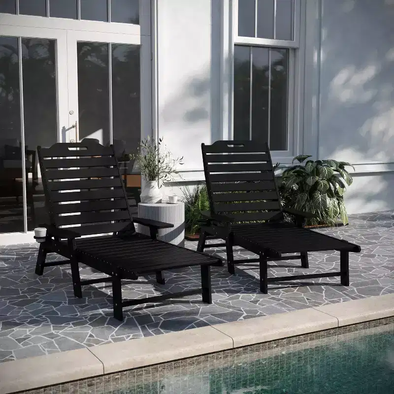 Merrick Lane Gaylord Set of 2 Adjustable Adirondack Loungers with Cup Holders- All-Weather Indoor/Outdoor HDPE Lounge Chairs