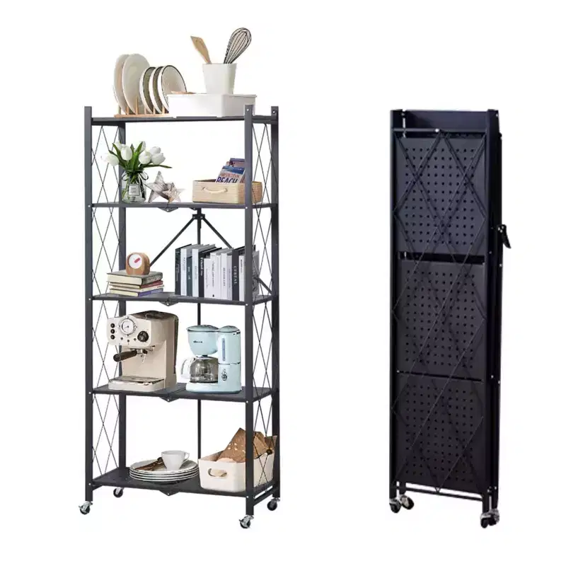 5-Tier Foldable Storage Shelves with Wheels, Heavy Duty Metal Rolling Shelving Unit for Kitchen, Garage & Pantry,No Assembly