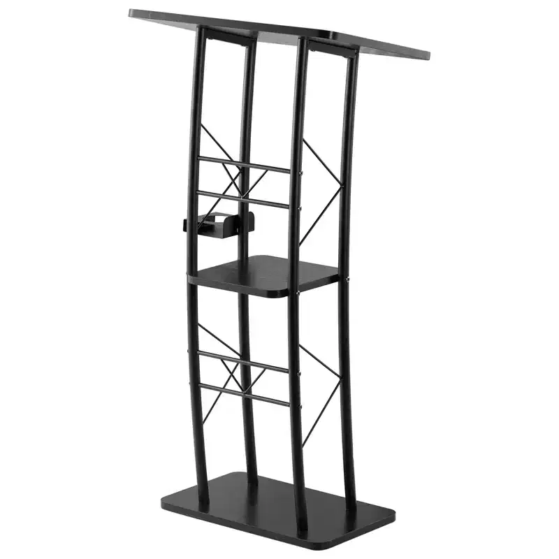 Podium Stand, 47-Inch Metal Lectern, Curved Standing Podium with Wide Reading Surface, Open Storage Compartment, Book Stopper, Black