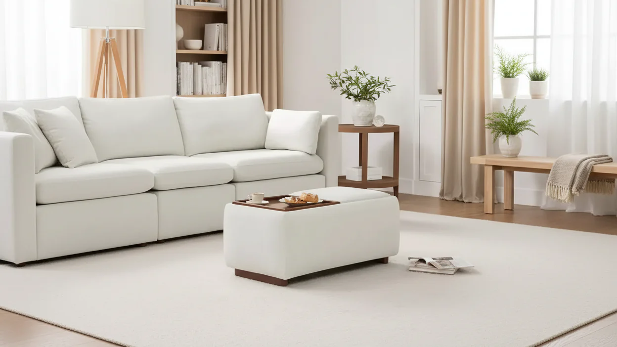 Rectangle Storage Ottoman Bench with Wooden Tray