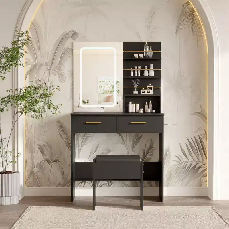 Vanity Desk Set with Mirror, Makeup Vanity with 2 Drawers & Open Storage Shelves, Cabinet, Bedroom Dressing Table with Chair
