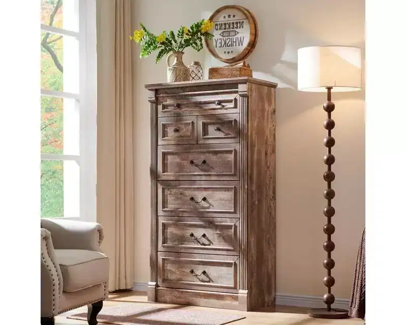 Mastgoal 57 Farmhouse Dresser with 7 Drawers, Rustic Wood Closet Storage with Roman Column for Bedroom