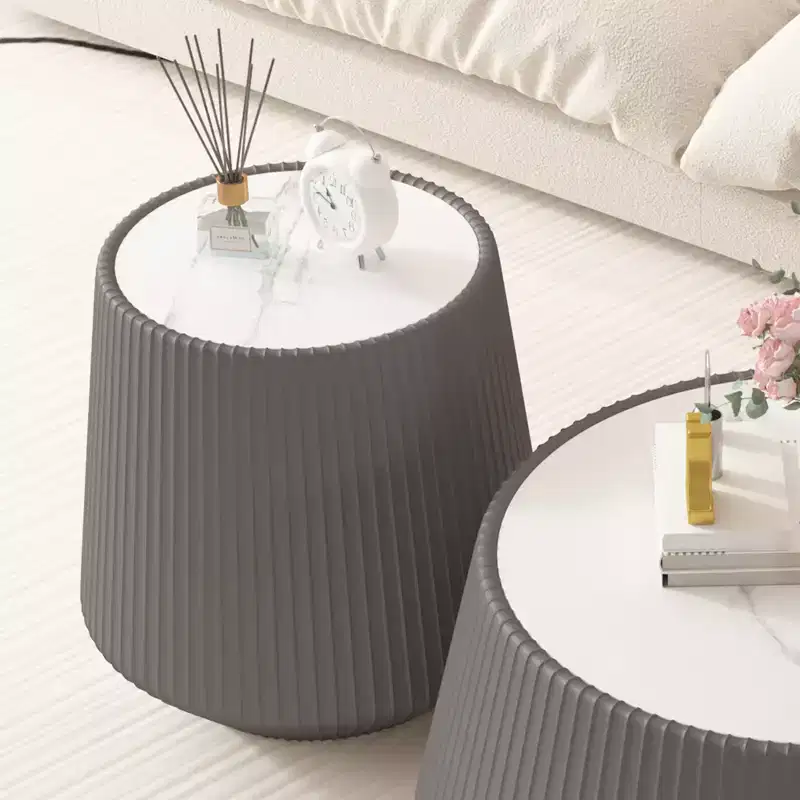Round-Shaped Leather Coffee Table with Sintered Stone Top and Microfiber Leather Wrap