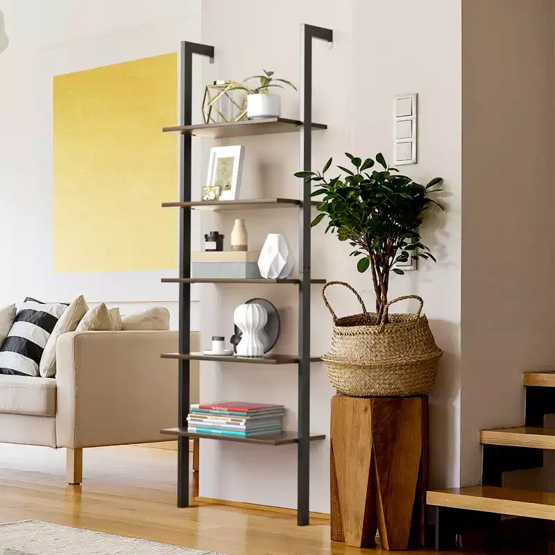 5-Tier Ladder Shelf, Wood Wall Mounted Bookshelf with Metal Frame Display Shelf