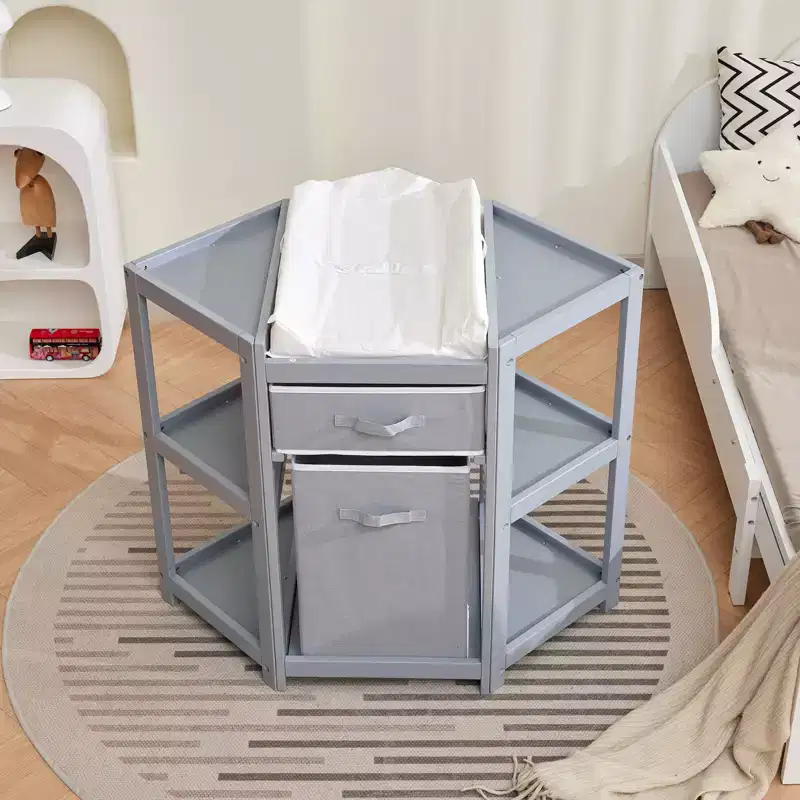 Corner Diaper Changing Table with Storage Drawer Laundry Hamper Pad, Multi-Functional Organizer for Newborn Infant Gray