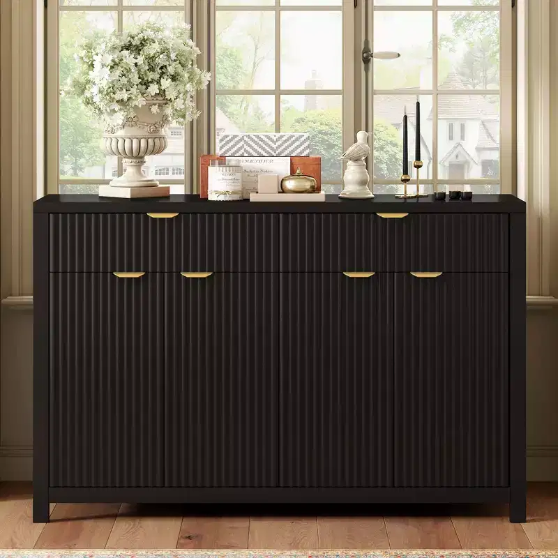 Modern Wave-Pattern Sideboard Cabinet with 2 Drawers and 4 Doors 3-Level Adjustable Shelves