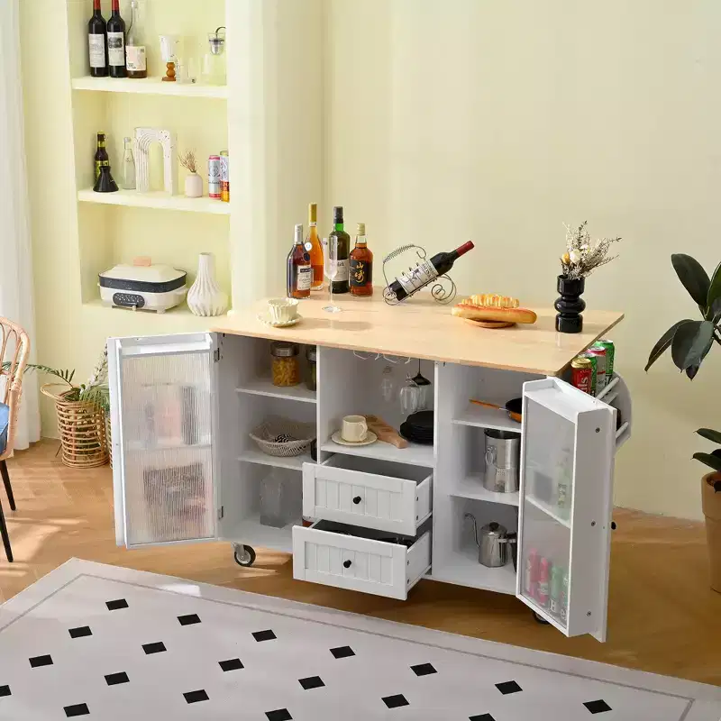 GDFStudio Kathleen Modern 47.6 Wood Mobile Kitchen Island Storage Trolley Cart with Dropleaf Top