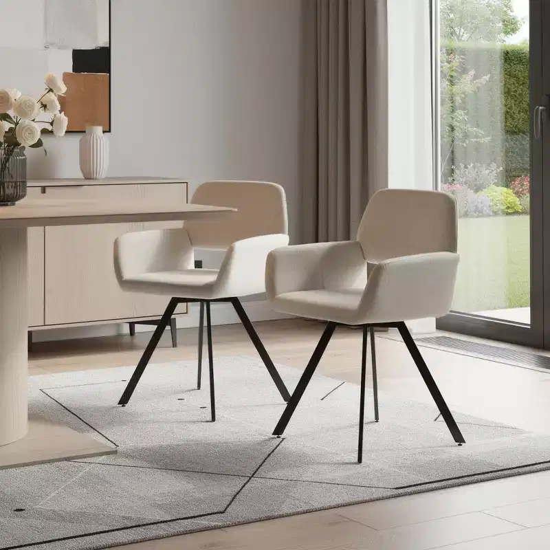 HomeRoots Set of Two Beige and Black Fabric and Steel Dining Arm Chairs