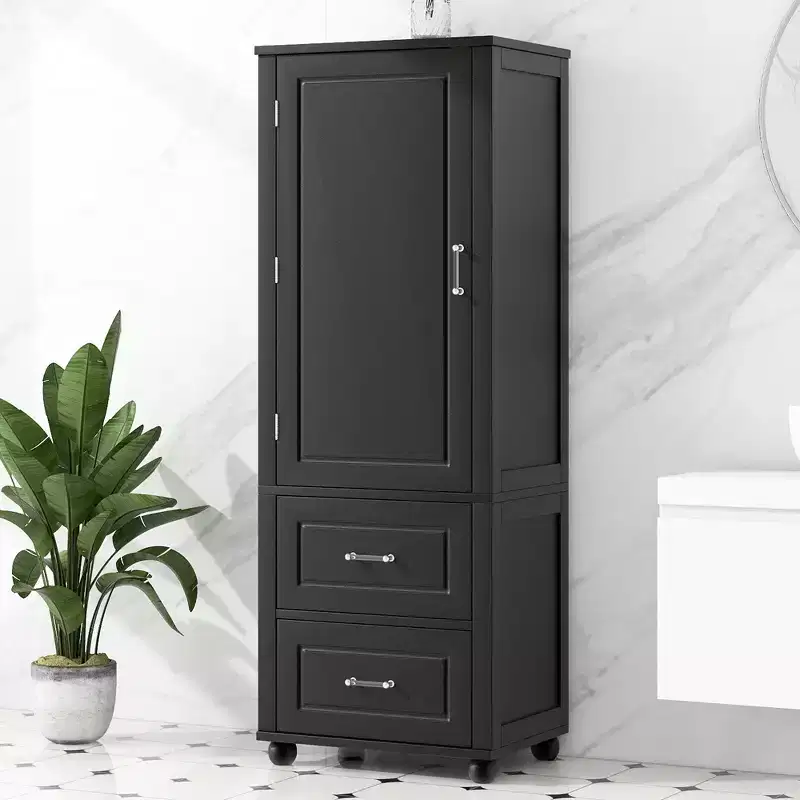 Whisen Tall Bathroom Storage Cabinet, Freestanding Storage Cabinet with Two Drawers and Adjustable Shelf