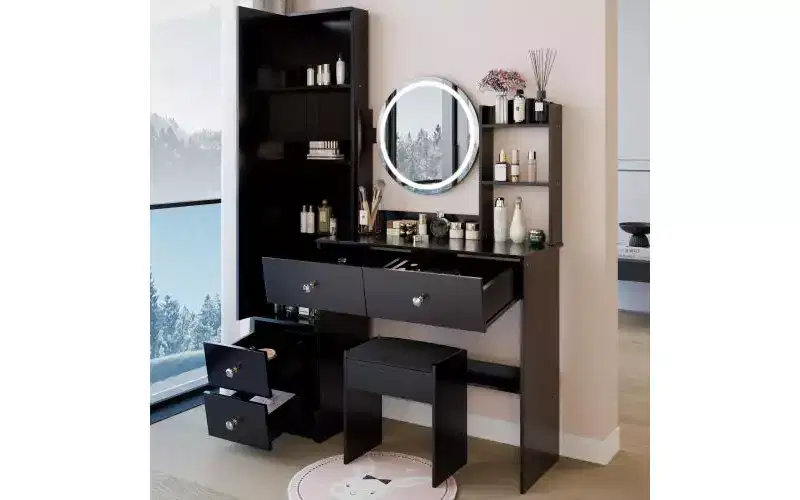 17-Inch Natural Vanity Desk Set with Full-Body Mirror Cabinet and Lights, Cabinet Storage, Matching Stool for Bedroom