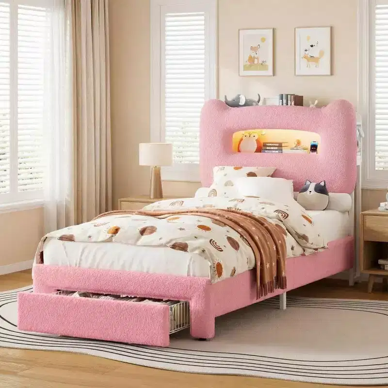 GustoWave Twin Size Kids Bed Frame with LED Lights, Storage Headboard & Drawer, Pink