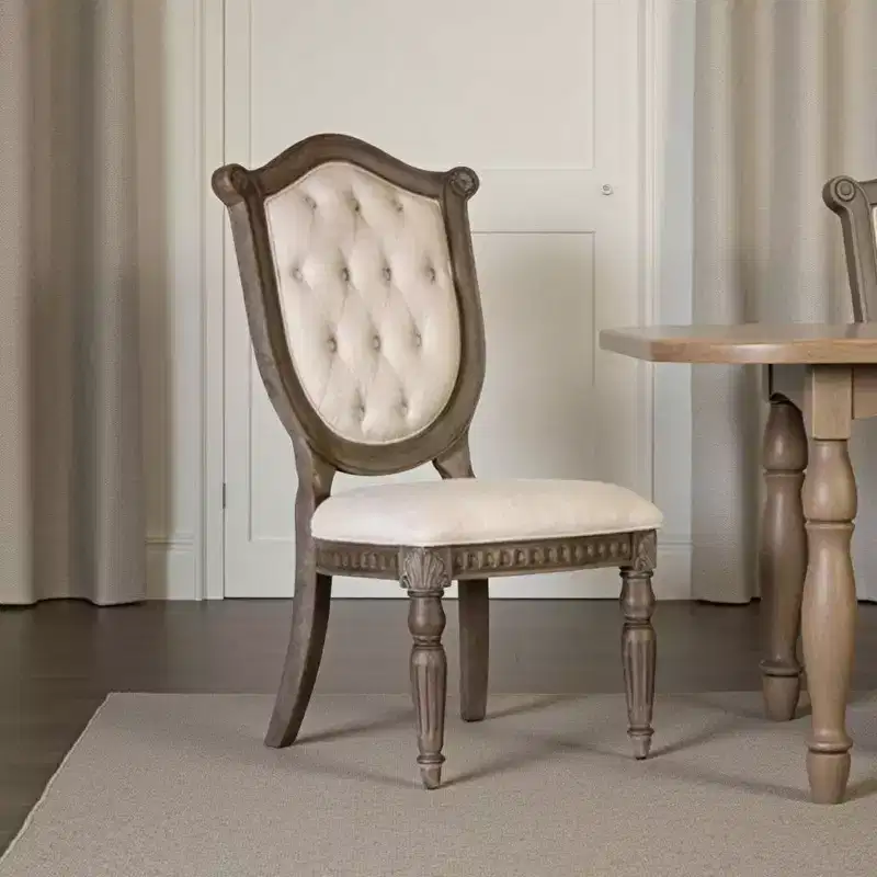 Side Dining Chair Set of 2, Weathered Oak Wood, Tufted Beige Fabric