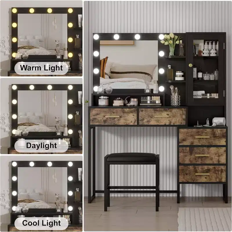 Large Makeup Vanity and Stool, Vanity Desk with Mirror and Lights, Makeup Table with Charging Station, Vanity Table with Drawers and LED Bulbs, Black