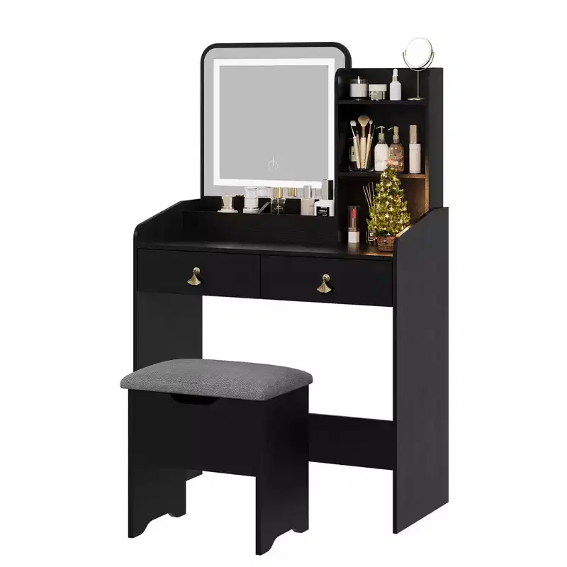 Vanity Desk with LED Light Mirror and Charging Station, Makeup Vanity with 2 Drawers and Storage Stool