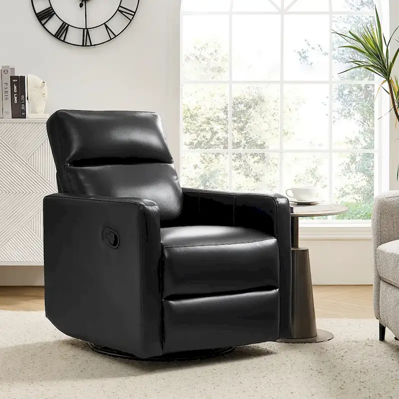 Genuine Leather Swivel Rocker Recliner with Adjustable Headrest, 330 lb Capacity, 35.85
