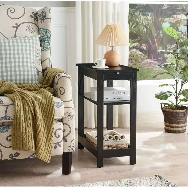 Slim Wood Side End Table with Storage Shelves & Pull-Out Tray, Nightstand for Bedroom & Living Room