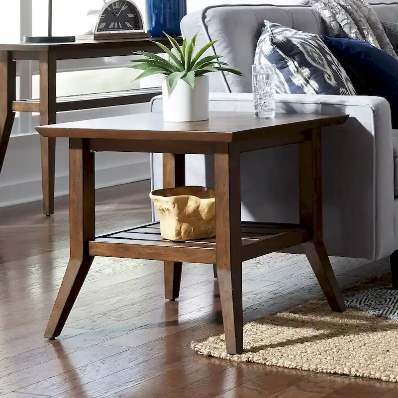 Rectangular End Table, Bronze Spice Wood Veneer Top, Living Room Side Table