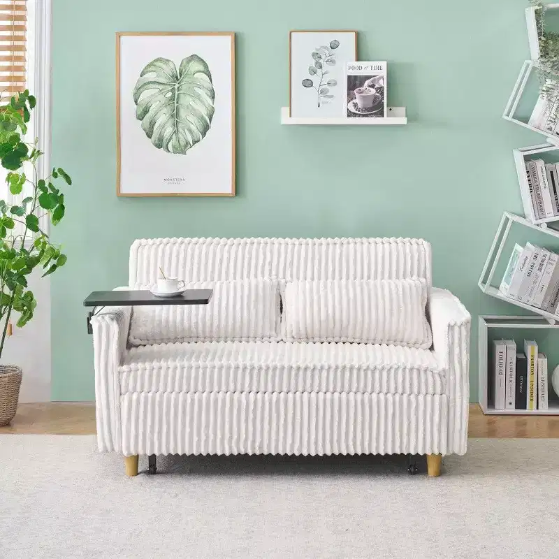 Wood & Corduroy Convertible Sofa Bed with Movable Tabletop & USB Port 54.13''W x 29.92''H