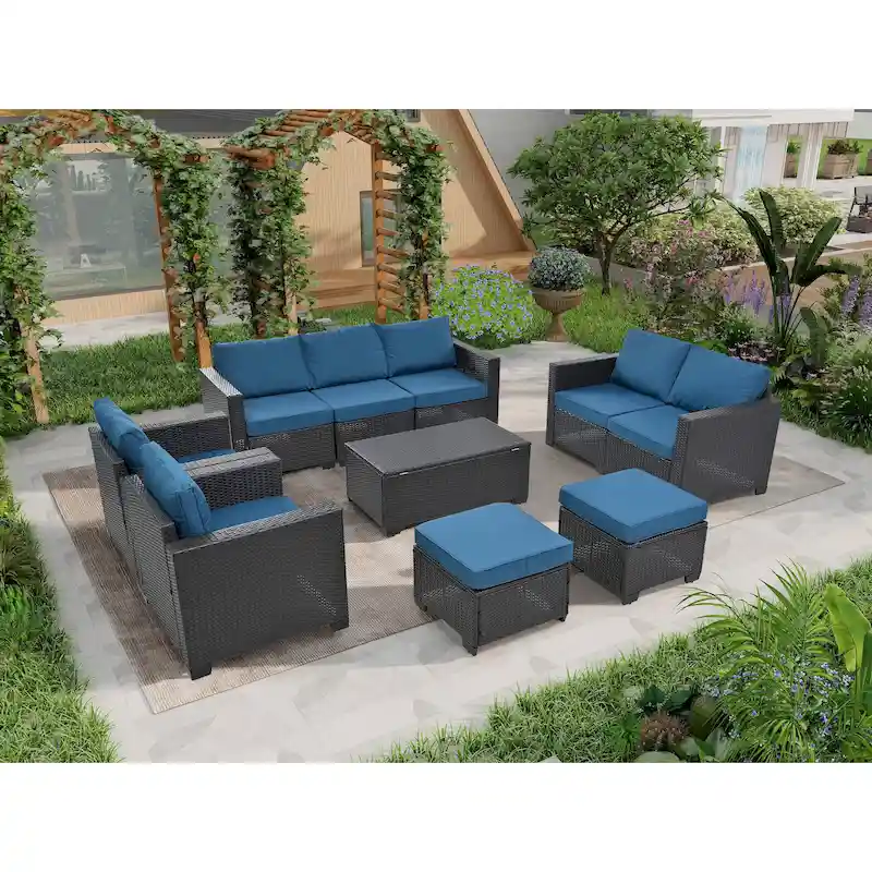 10 Piece Outdoor Furniture Set, Patio Rattan Sectional Sofa Set, All-Weather Conversation Set with Cushions and Coffee Table