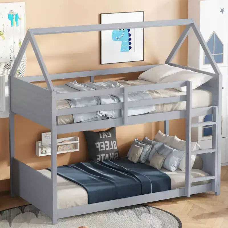 ModernLuxe Twin over Twin Bunk Bed, House-Shaped Floor Bunk Bed with Ladder and Guardrails, No Box Spring Needed
