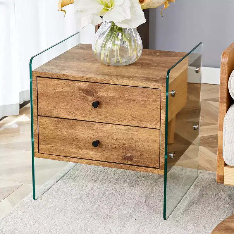 GDFStudio Reg 19 Glass Nightstand with Wooden Drawer