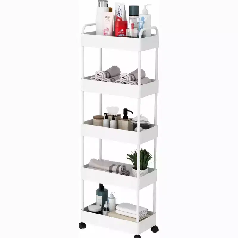 5-Tier Slim Storage Trolley on Wheels, Plastic Slide Out Rolling Utility Cart with Handle, Mobile Shelving Unit, Narrow Shelf Unit Storage Rack, Black