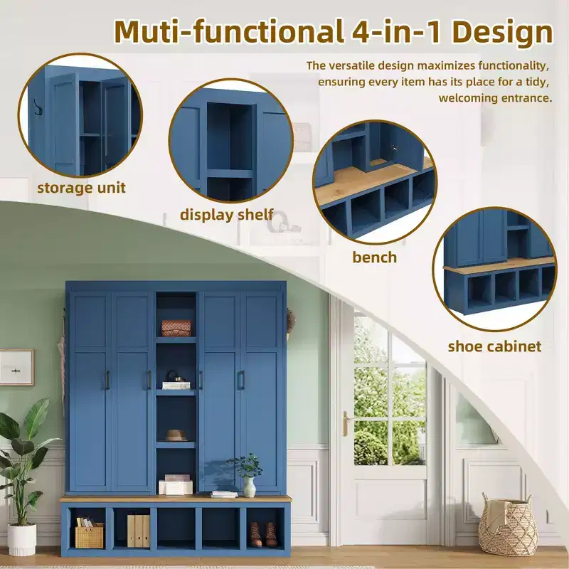 Blue Farmhouse 4-in-1 Hall Tree with 6 Hanging Hooks Mudroom Wood Grain Bench with Open Compartments