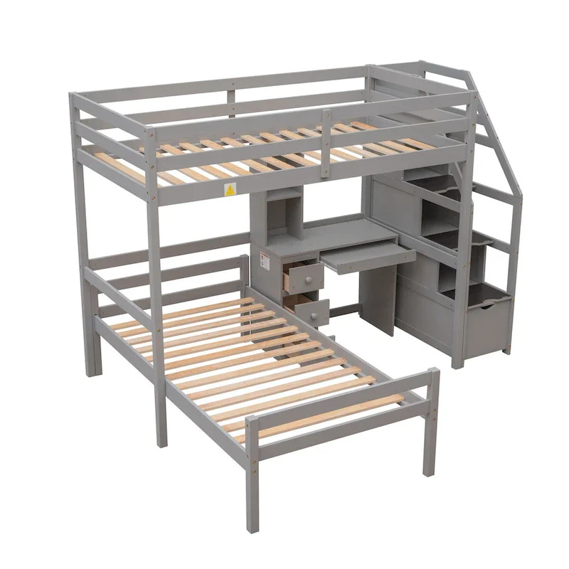 Gray Twin Pine Loft Bunk Bed with Storage Staircase, Desk, Shelves, Drawers