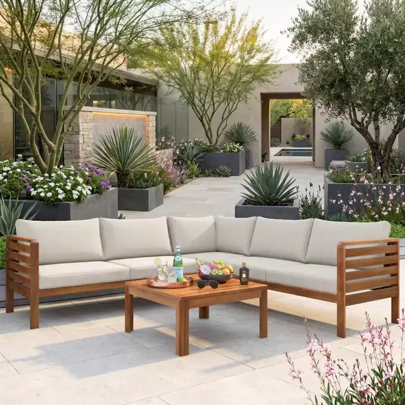 Polibi Acacia Corner Outdoor Sofa Set with Matching Coffee Table