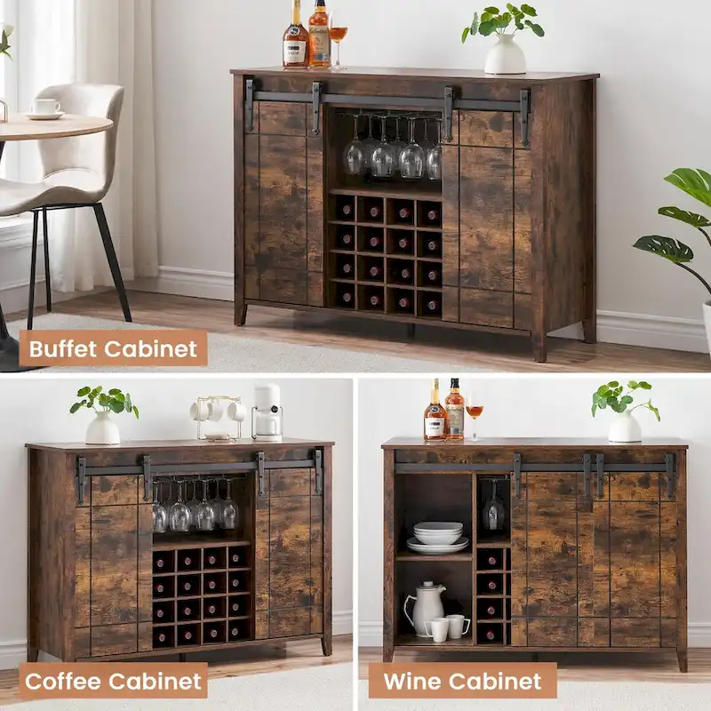 Farmhouse 47 Wine Bar Cabinet Buffet Sideboard Cabinet with 16 Bottle Wine Rack - 15.7D x 47.2W x 34.61H