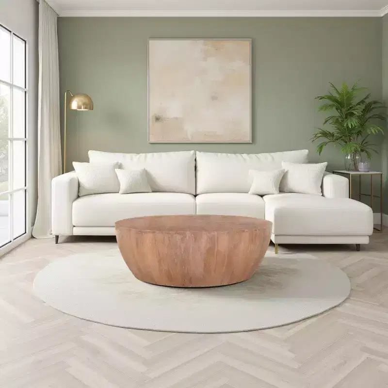 Royal Hampton Drum Shape Wooden 35.5 Inch Coffee Table with Plank Design Base