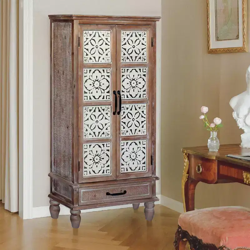 55 Vintage Farmhouse Highboard Cabinet, Tall Engineered Wood Storage Pantry with Floral Tile Pattern & Drawer
