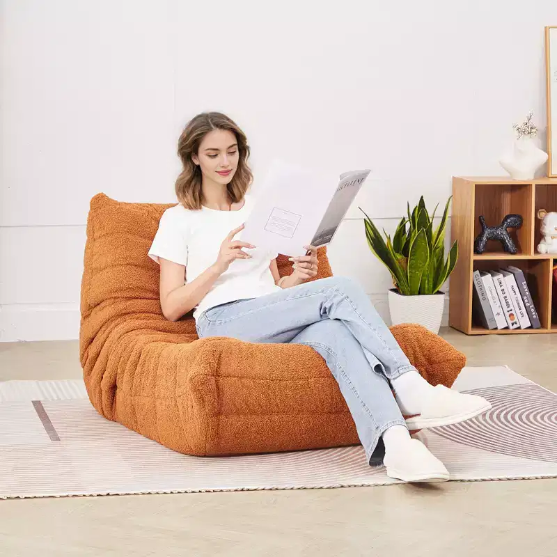 VEVOR Bean Bag Chair, L-Shaped Bean Bag Chair with Soft Armrests and Storage Pocket, 25D Memory Foam Filled with Soft Teddy Velvet Cover, Brown
