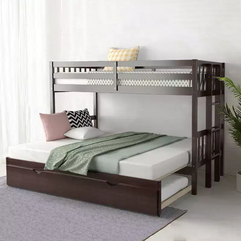 Twin Over Twin Pull-Out Bunk Bed with Trundle Wooden Ladder White\Espresso