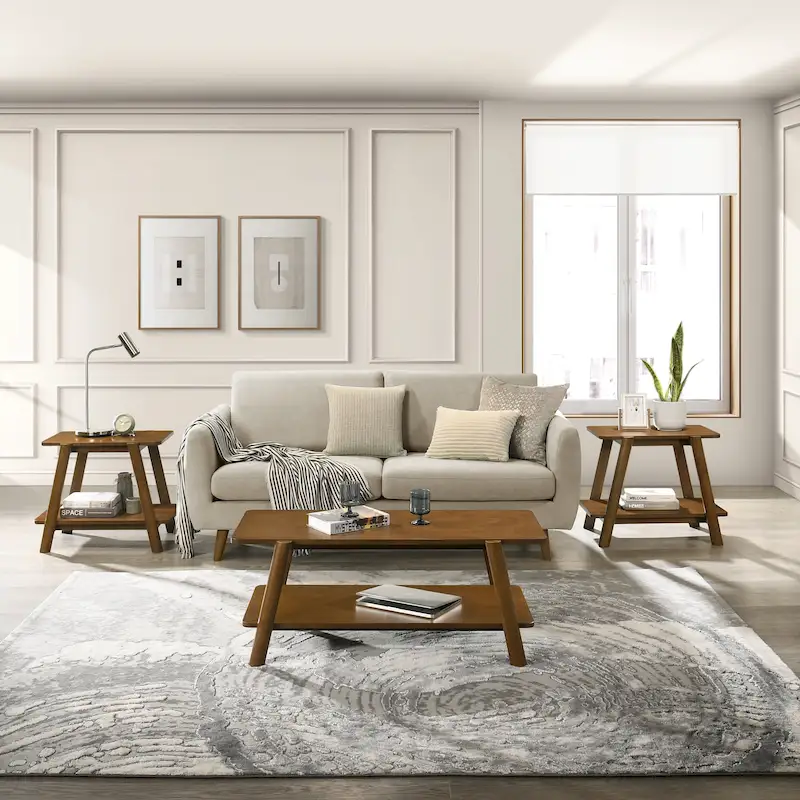 Mid-Century Modern Storage 3-Piece Coffee Table Set with Shelf and Cylinder-shaped Rubberwood Legs