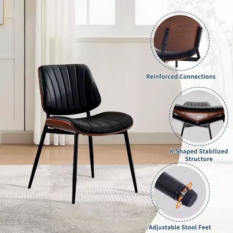 Mid-Century Modern Dining Chairs Set of 2 with PU Leather Upholstery  Walnut Bentwood Back & Adjustable Feet