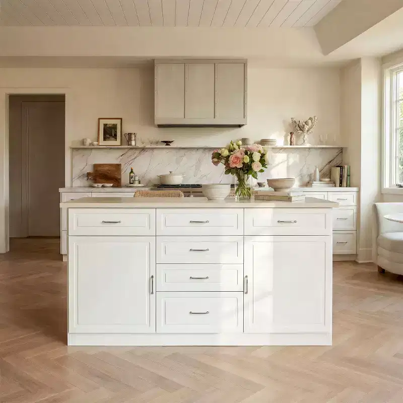Homsee White 2-in-1 Kitchen Island with Table  Stone Grain Surface, Multi-Drawer Storage, Outlets & Easy Clean