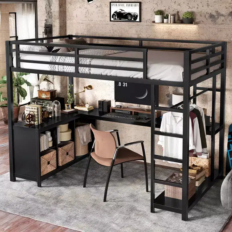 Bellemave Queen Metal Loft Bed with L-Shaped Desk & Wardrobe, Space-Saving Loft Bed with Storage Shelves & Guardrails, Black